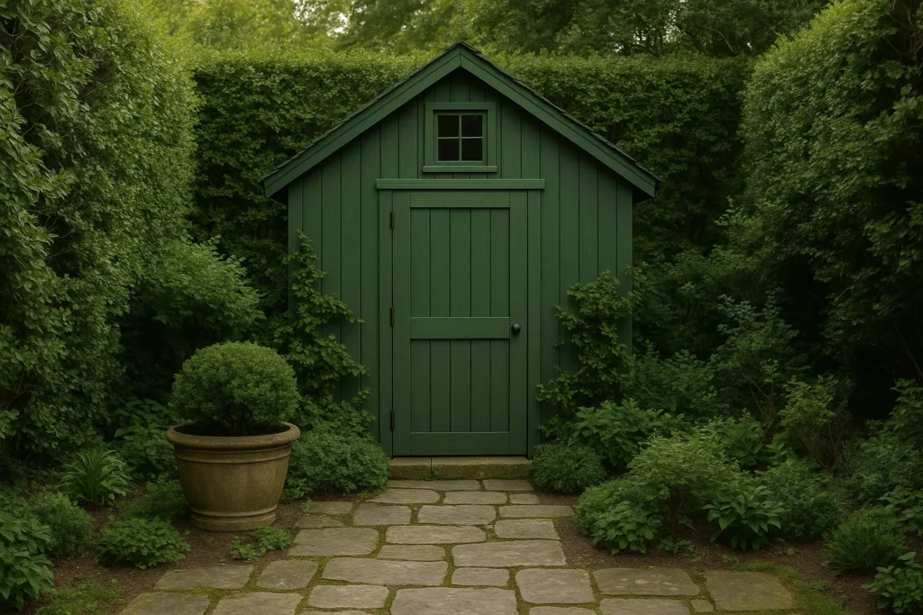 Pine green shed tucked into hedges with stone paths and a quiet charm.