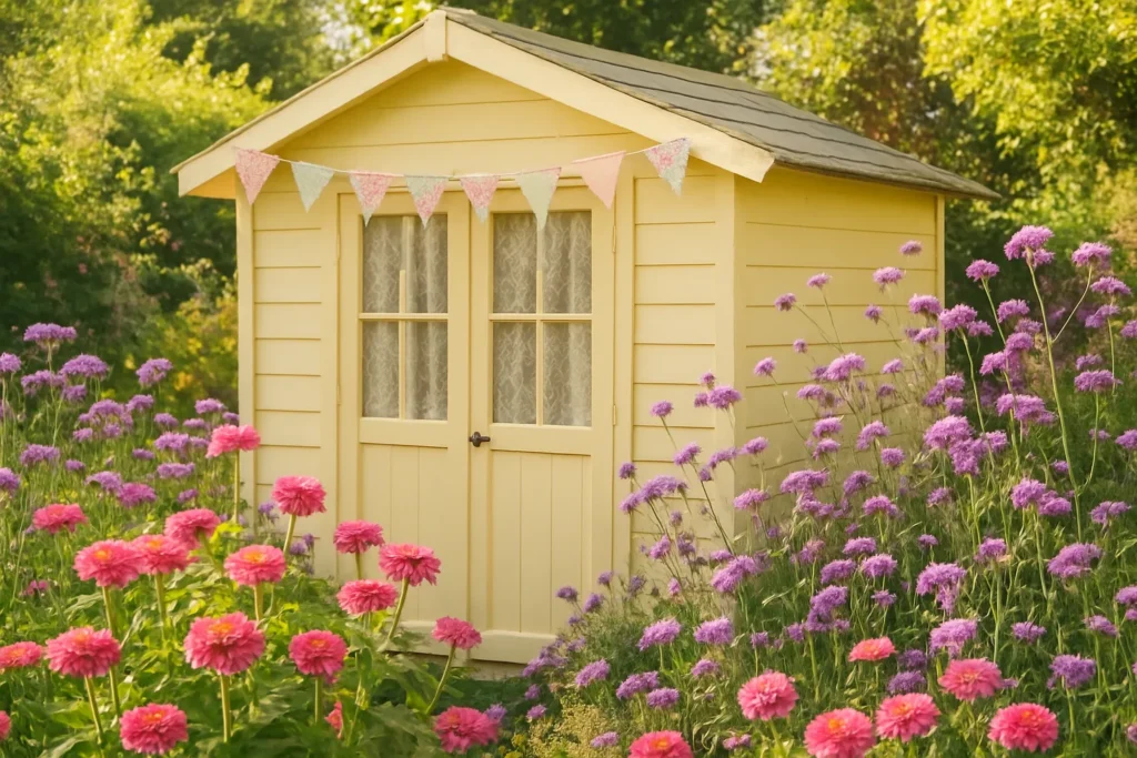 Lemon cream shed with lace curtains, zinnias, and a sunny cottage vibe.