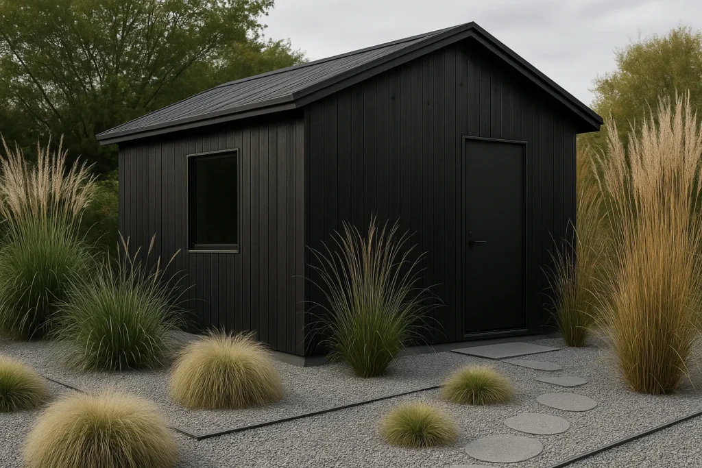 Black shou sugi ban shed with sculptural grasses and modern Zen style.