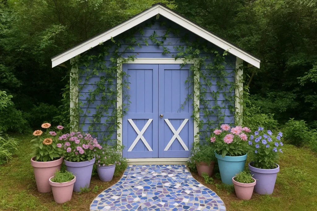 Periwinkle blue shed with mosaic path, pastel pots, and trailing vines.