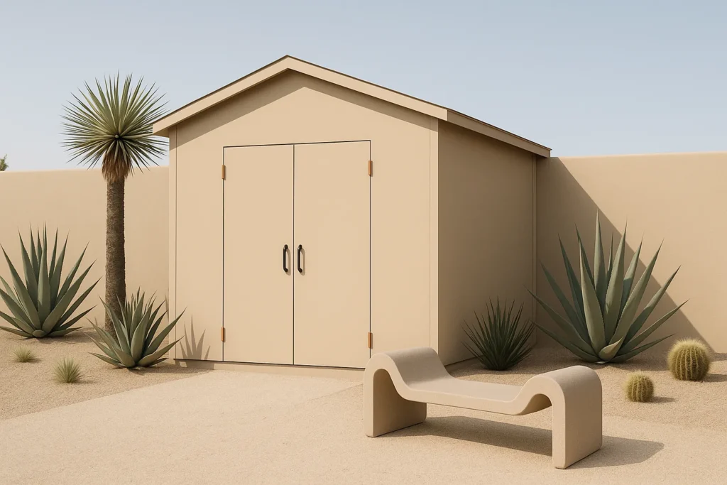 Minimal beige shed with desert plants and clean architectural lines.