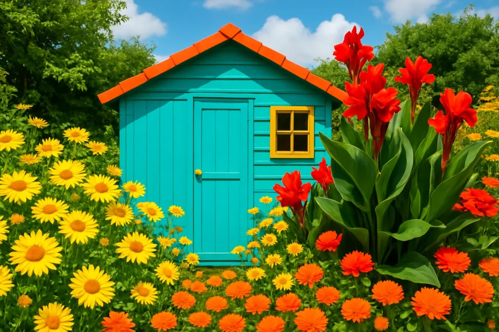 Bright turquoise shed with bold, cheerful flowers in vivid colors.