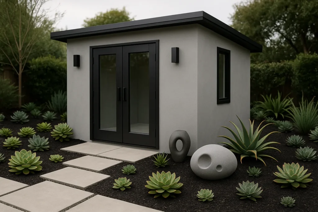 Cement gray shed with black fixtures, succulents, and modern hardscaping.