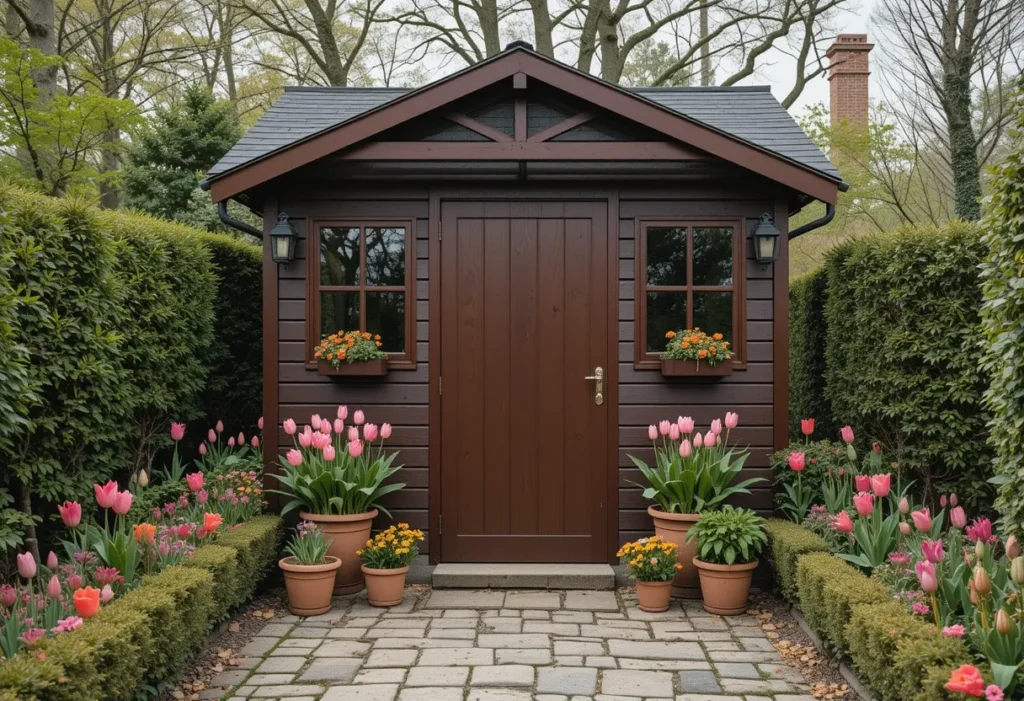 Deep chestnut shed framed by tulips, cobblestone path, and manicured hedges for a cozy garden feel.