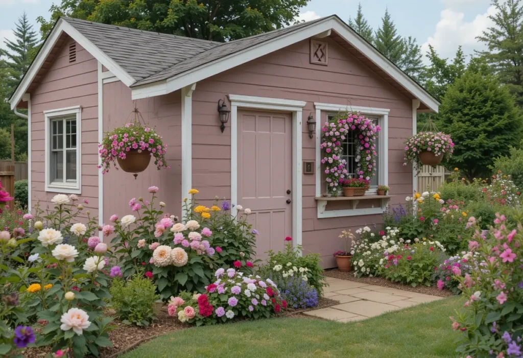 Dusty rose shed with white trim nestled among soft blooms and rustic garden accents.