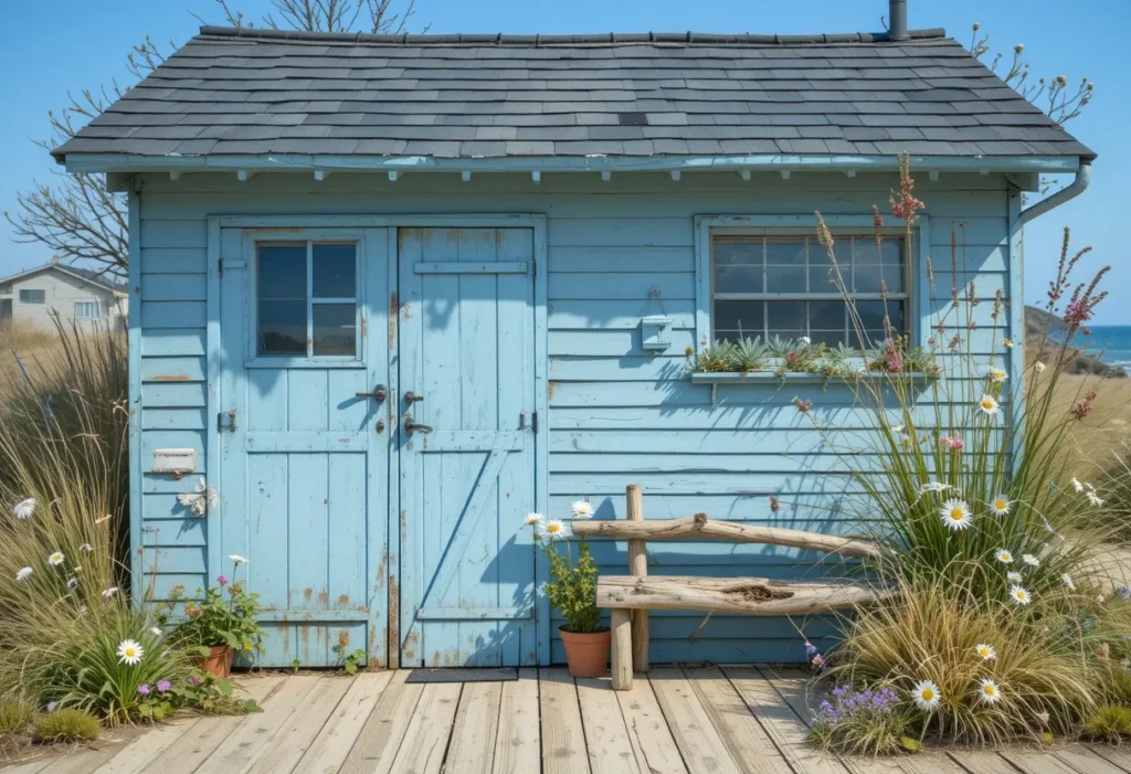 Faded blue shed with coastal grasses, daisies, and a driftwood bench.