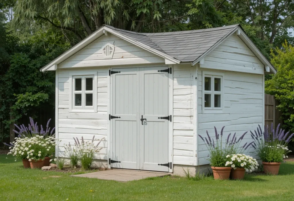 Whitewashed shed with black hardware, lavender pots, and wild daisy-filled lawn.