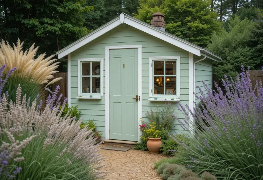 Sage green shed with lamb’s ear, lavender, and a peaceful garden setting.