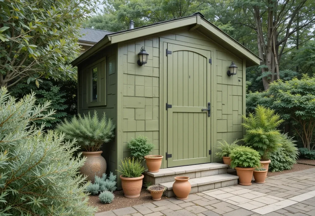 Olive green shed with Mediterranean herbs, stone steps, and iron fixtures.