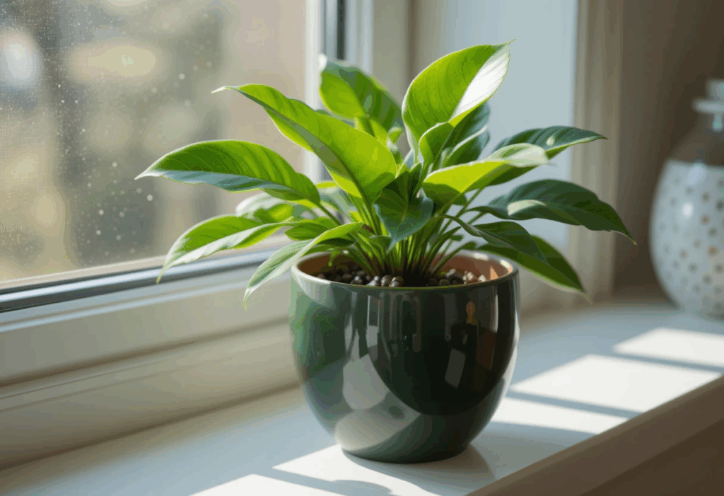 Compact Baby Rubber Plant in a glossy pot on a bright windowsill, thick green leaves reflecting soft kitchen sunlight.
