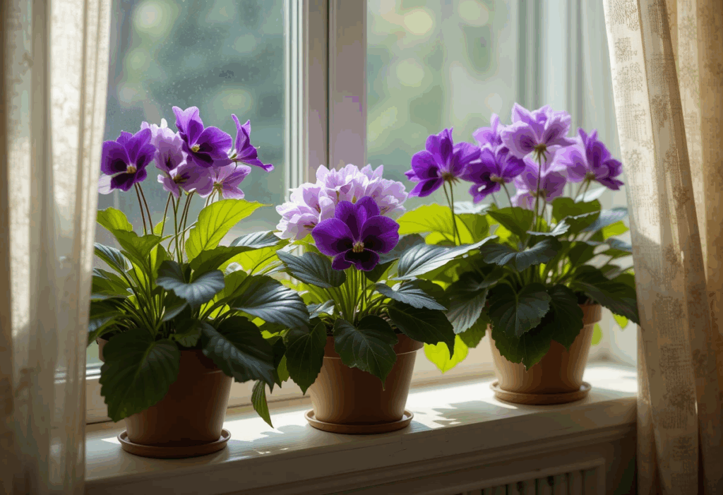 Blooming African Violets on a window ledge with soft sheer curtains, dark green leaves and delicate purple flowers.