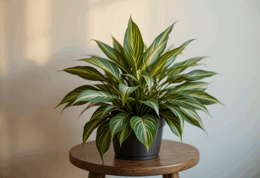 Ctenanthe Prayer Plant with striped leaves on a wooden table, warmly lit modern interior emphasizing foliage patterns.