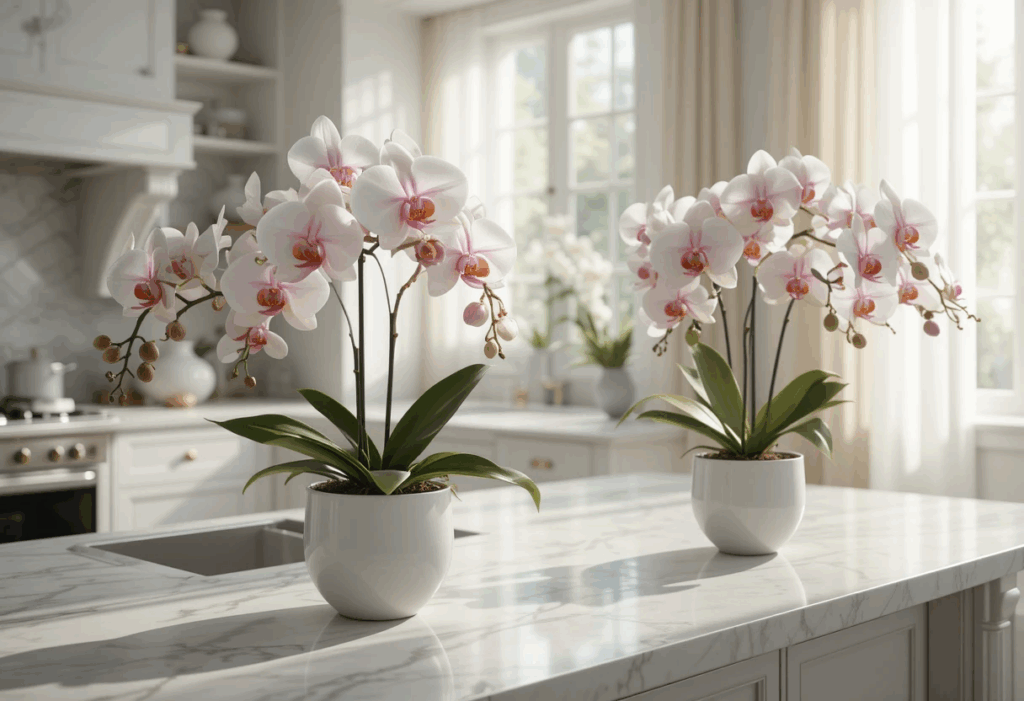 White and pink Moth Orchids blooming on a marble countertop with sheer curtains and soft natural light.