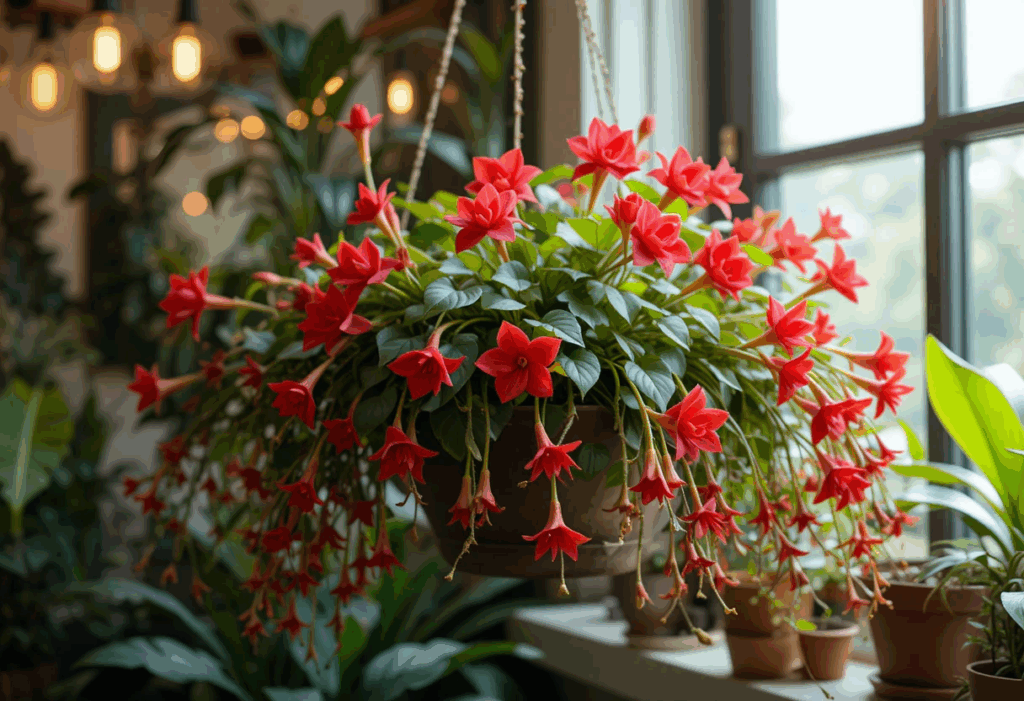 Lipstick Plant with red blooms trailing from a hanging pot near a bright window and tropical interior styling.