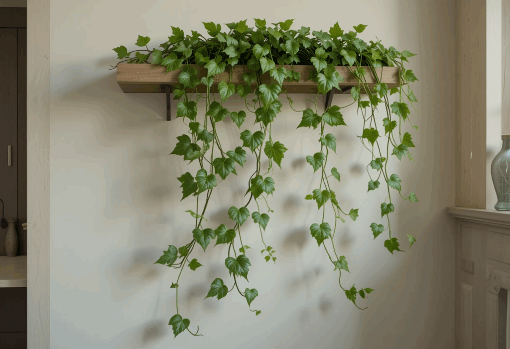 Swedish Ivy with scalloped leaves trailing from a shelf on a white wall with earthy, modern interior accents.