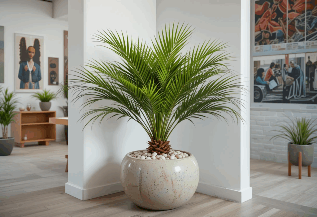  Ponytail Palm in a ceramic pot with pebbles at the base, placed in a stylish studio with bold decor and natural light.