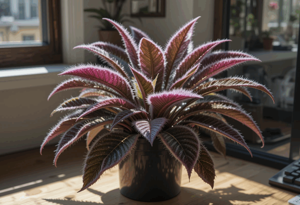 Velvet Plant with fuzzy purple leaves near a window, playful sunlight and bold textures creating visual interest.