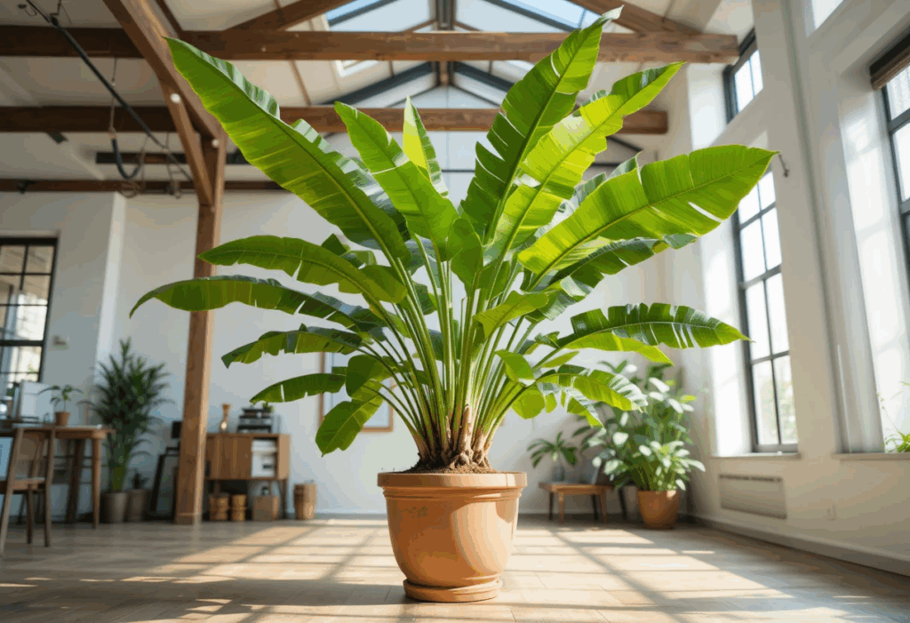 Dwarf Banana Plant in a terracotta pot with oversized leaves, set in a sunlit, loft-style room with open beams.