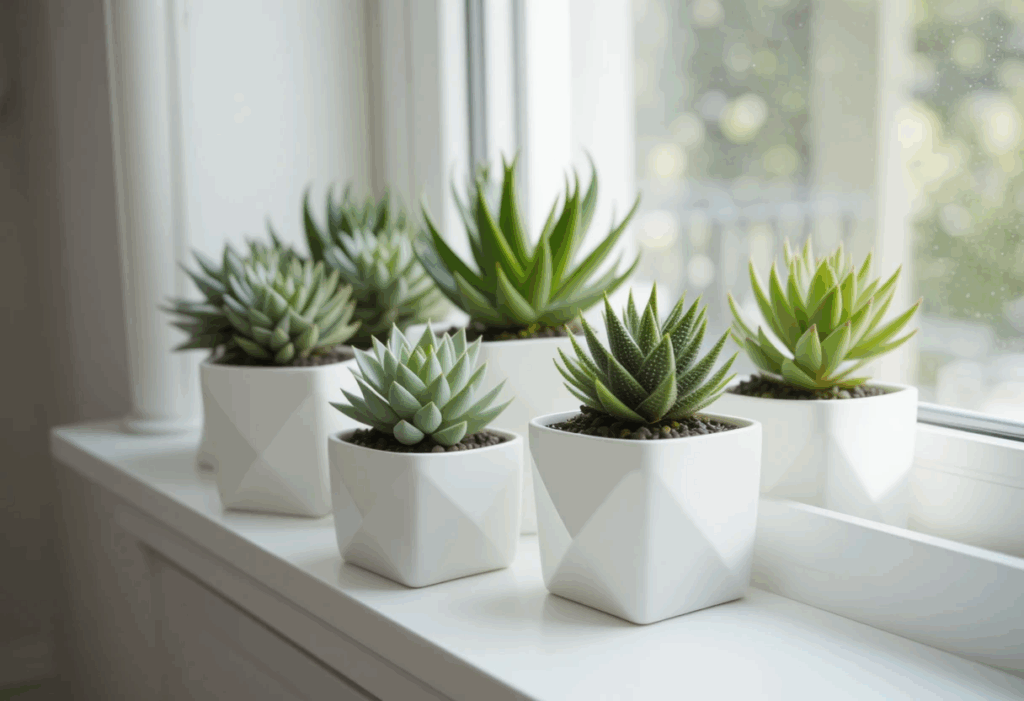 Group of Haworthia succulents in white geometric pots on a windowsill with soft morning light and minimal styling.