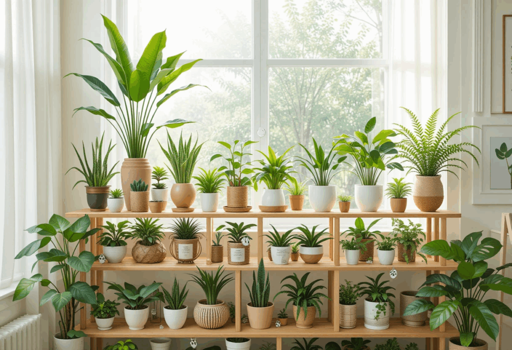 Indoor plant shelf with a variety of 27 pet-friendly houseplants like Areca Palm and Spider Plant in decorative pots, arranged in natural light with clean, cozy decor. Includes small plant name tags and subtle pet-safe icons, perfect for cat and dog owners.