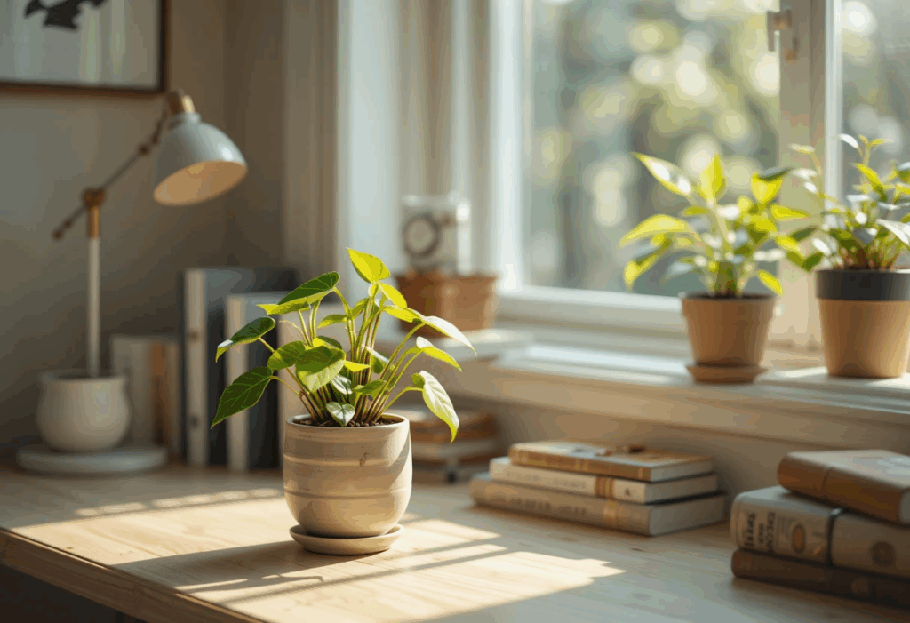  Peperomia in a ceramic pot on a wooden desk near a sunny window, surrounded by books and minimalist decor.