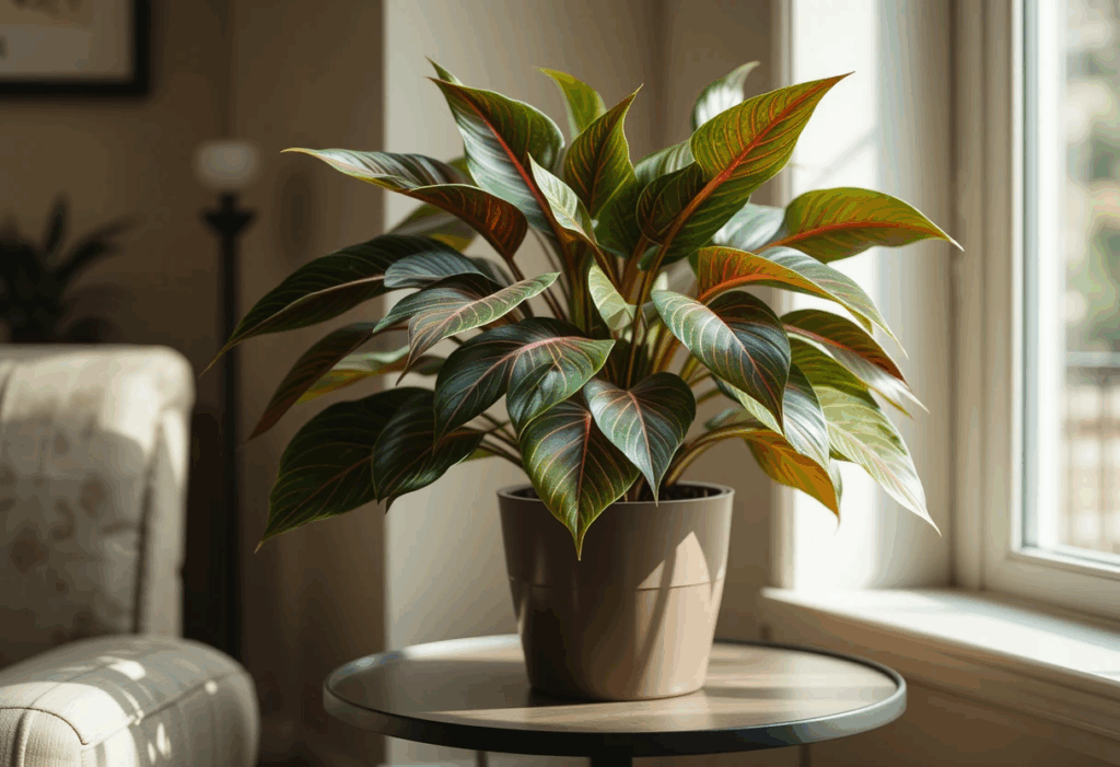 Maranta Prayer Plant with red-veined leaves on a modern side table, soft light and warm-toned room ambiance.