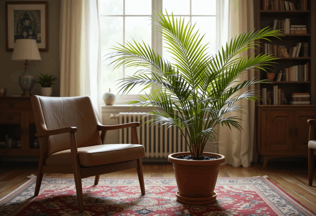 Parlor Palm in a terracotta pot beside a vintage chair and bookshelf in a softly lit living room with a cozy feel.