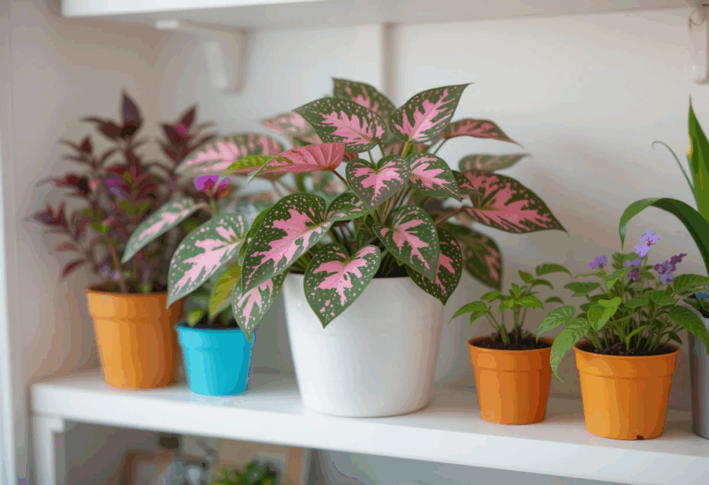 Polka Dot Plant with pink-speckled leaves on a floating shelf in a cheerful room, surrounded by colorful houseplants.