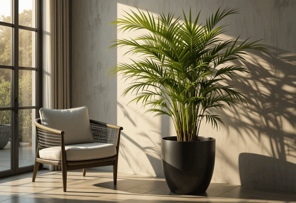 Bamboo Palm in a sleek black planter beside a modern armchair with warm sunset light casting tropical shadows.