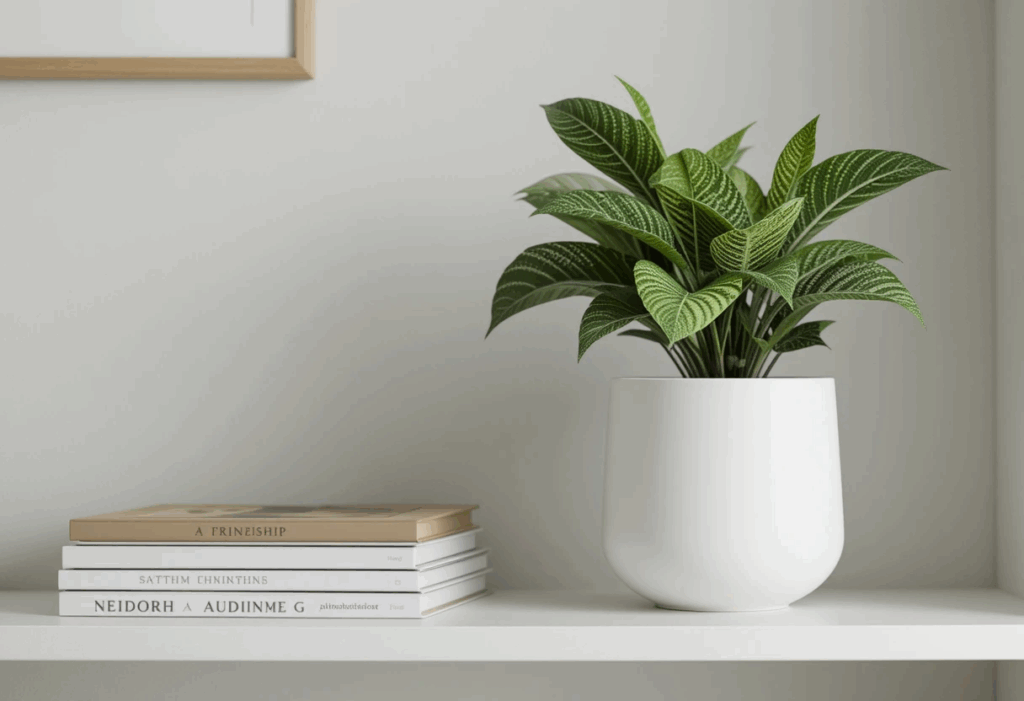 Friendship Plant with textured green leaves in a white planter on a shelf with books and neutral walls.