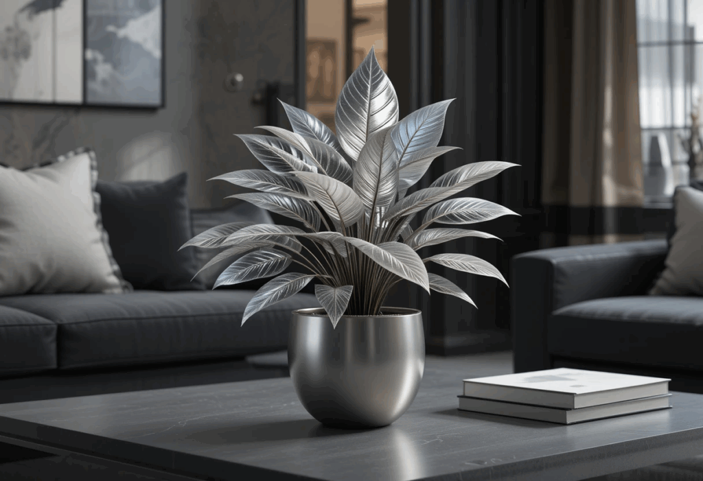  Aluminum Plant with silver-patterned leaves on a coffee table, sleek modern decor and soft ambient lighting.