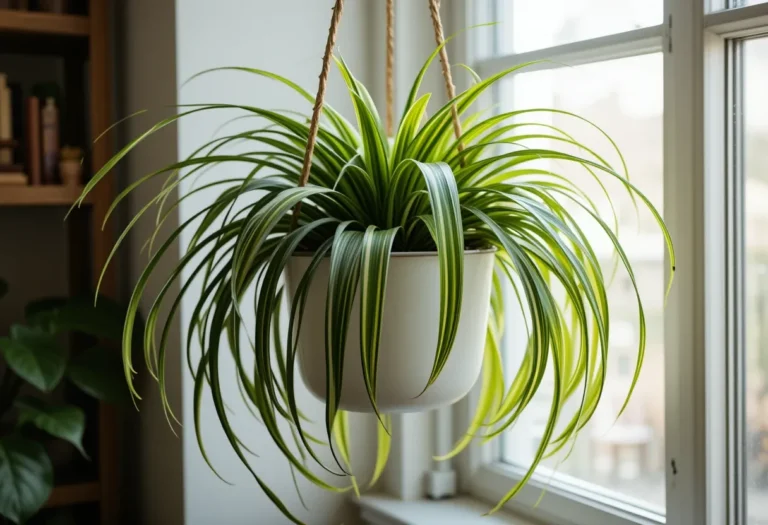 Spider plant in a white hanging basket with green and white leaves trailing down near a sunny window.