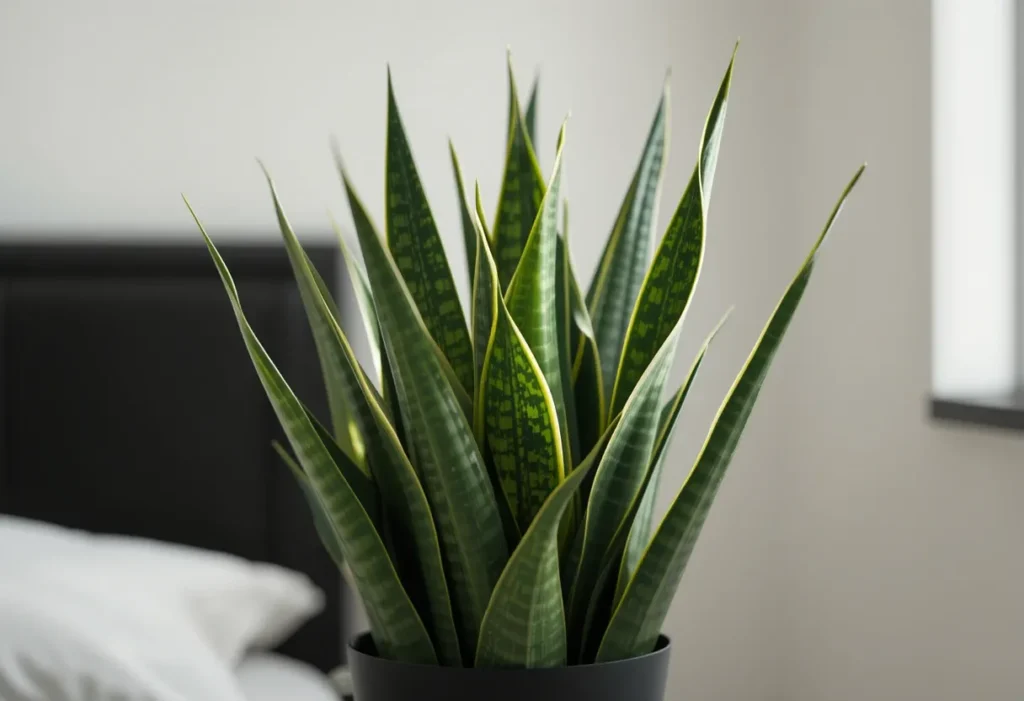 Tall snake plant with upright sword-like leaves in a modern bedroom with low light.