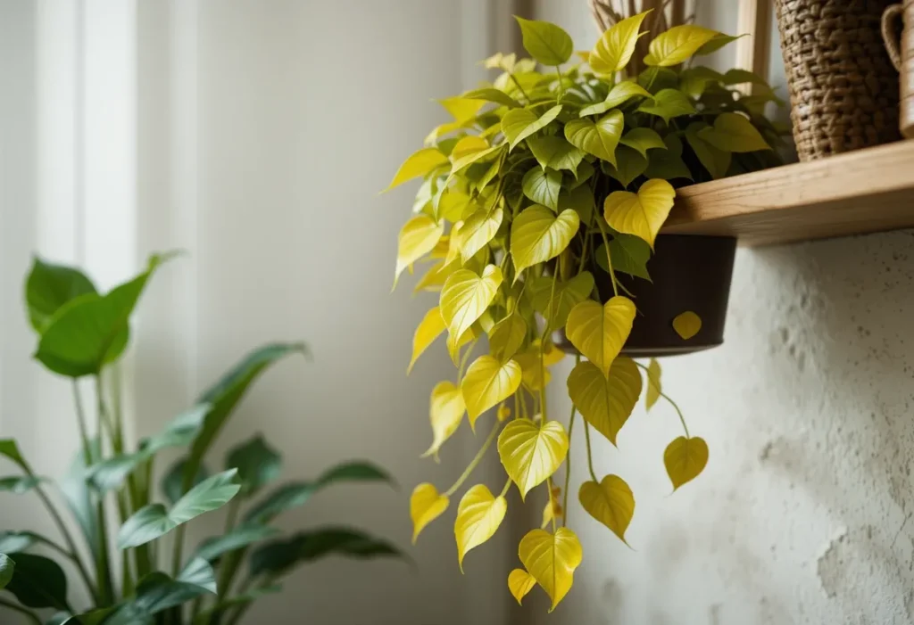 Golden pothos with heart-shaped leaves trailing from a wooden shelf in soft natural light.