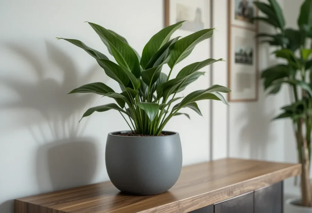  Glossy green ZZ plant in a ceramic pot on a wooden console in a modern indoor setting.