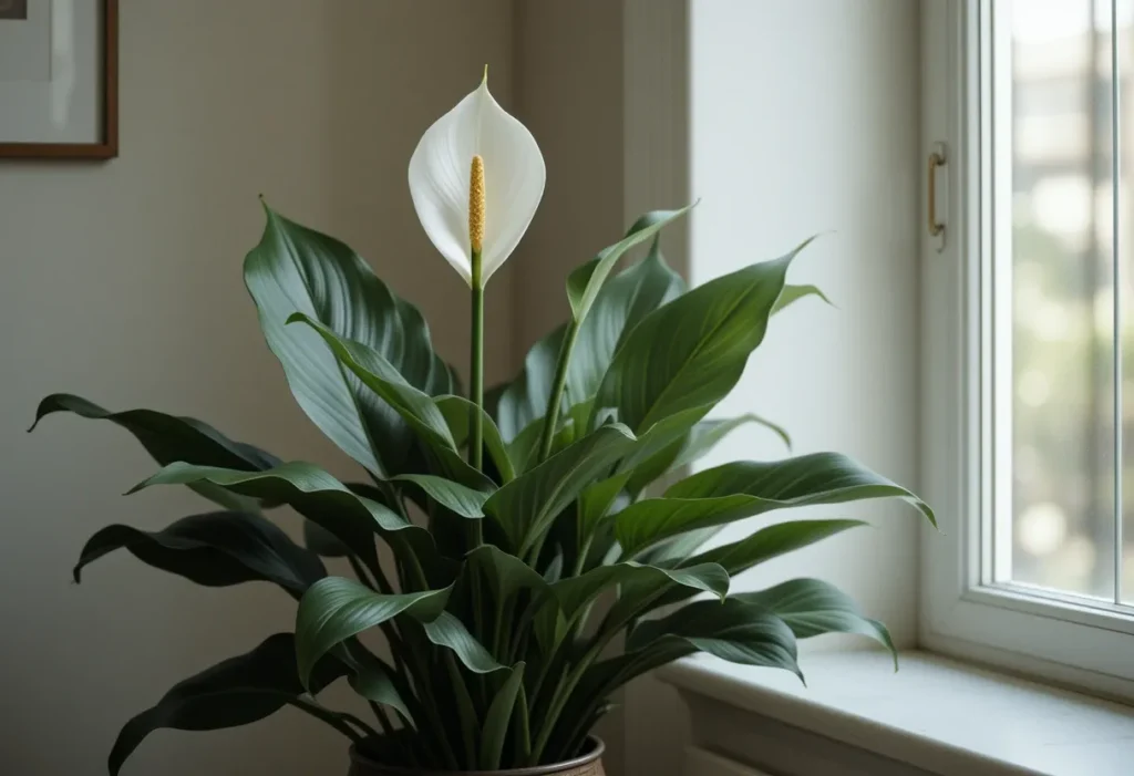 Elegant peace lily with white blooms and dark green leaves in a bright corner.