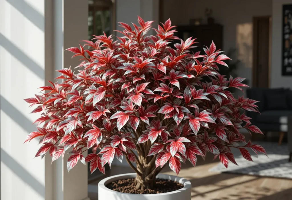 Chinese evergreen with red and silver foliage in a white pot on a shelf with soft light.