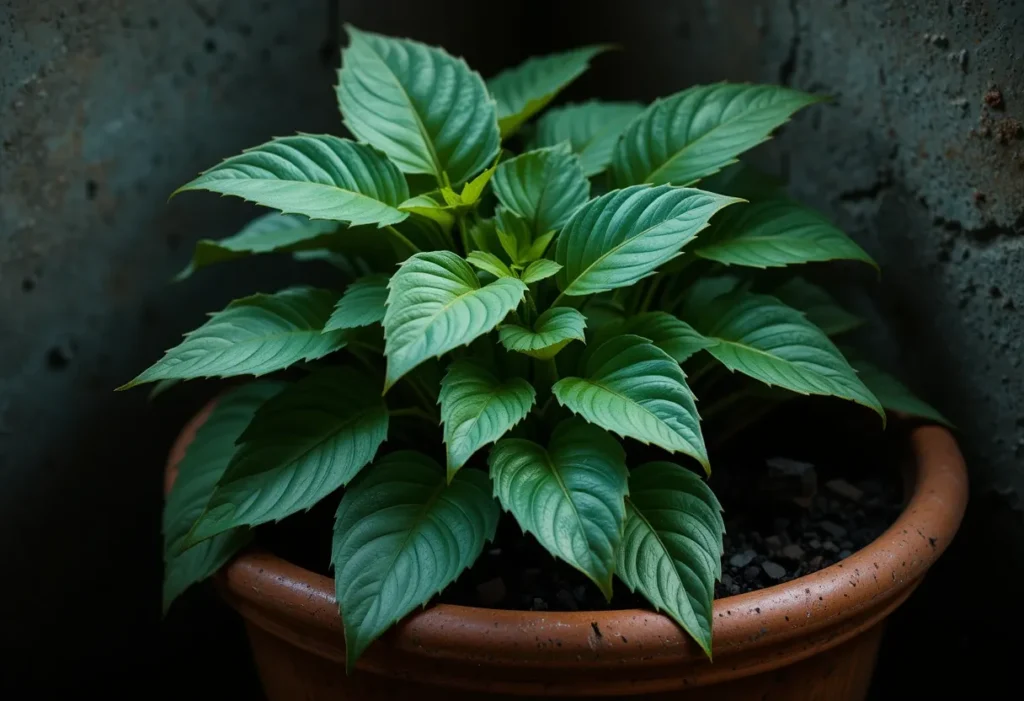 Cast iron plant with deep green leaves in a terracotta pot placed in a dark hallway corner