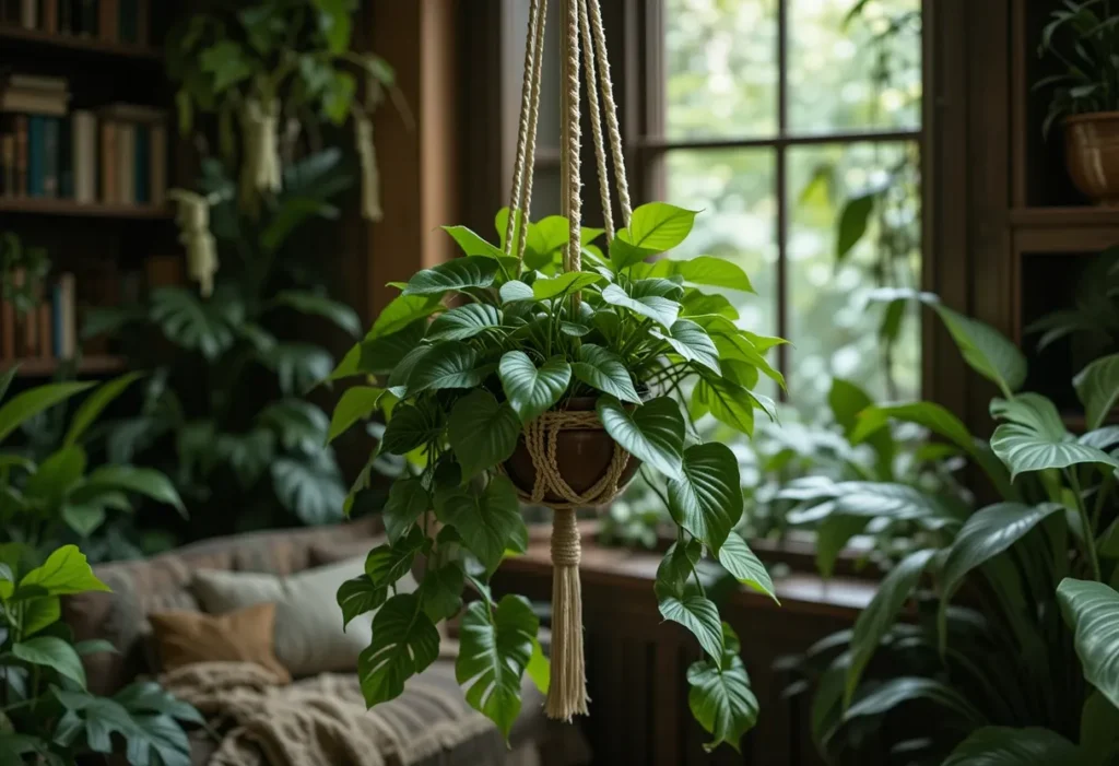 Heartleaf philodendron trailing from a hanging planter in a cozy indoor jungle corner.
