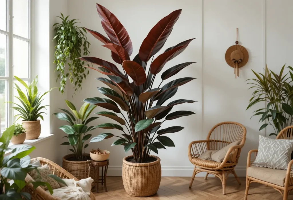 Rubber plant with large glossy burgundy leaves in a boho room with rattan decor.