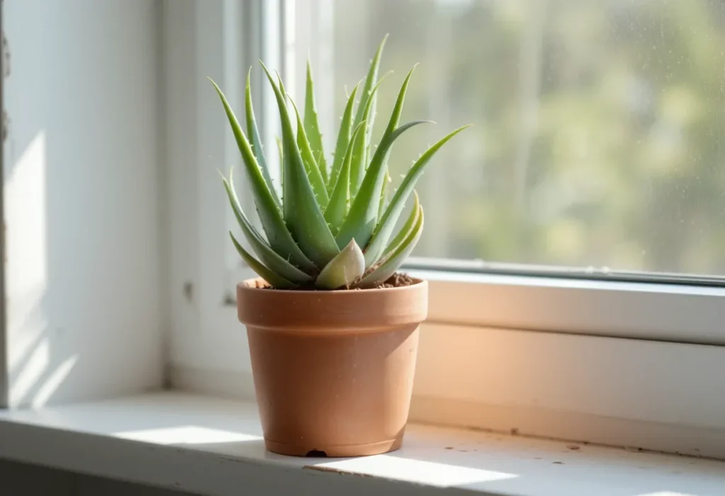 : Aloe vera plant in a small clay pot sitting on a sunny windowsill with clean minimalist decor