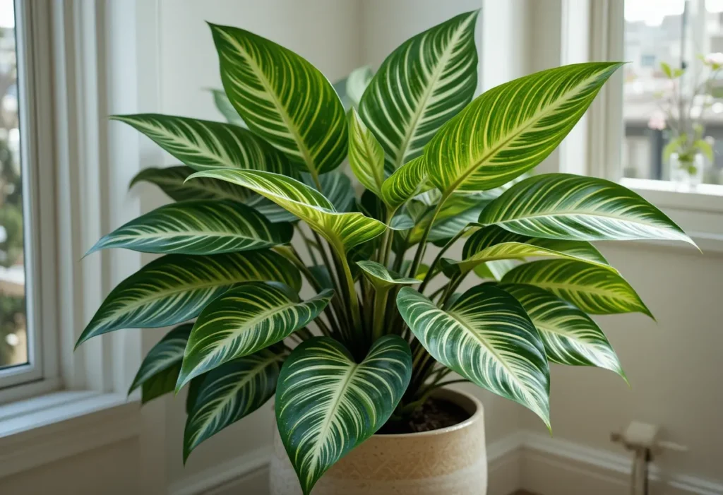 Bold dieffenbachia with patterned green leaves in a modern ceramic pot near bright light.
