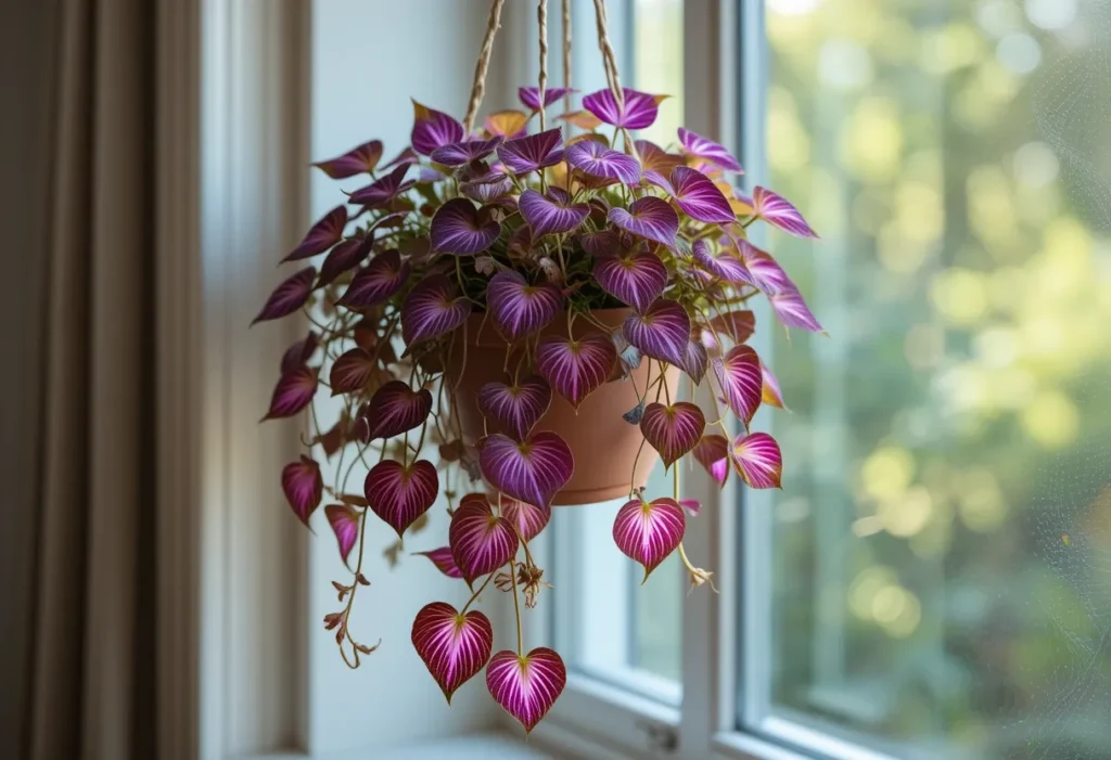 Tradescantia with purple-striped leaves trailing from a hanging pot in a well-lit room.