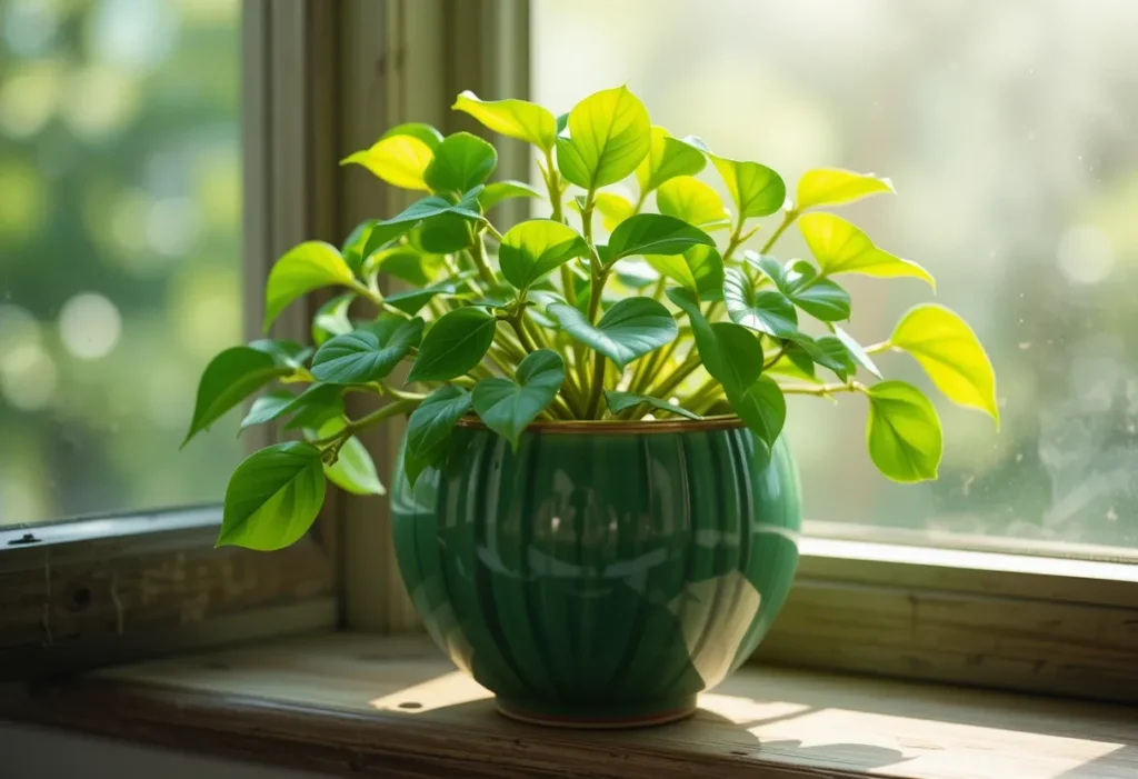 Small jade plant with shiny leaves in a ceramic pot on a sunny wooden windowsill.