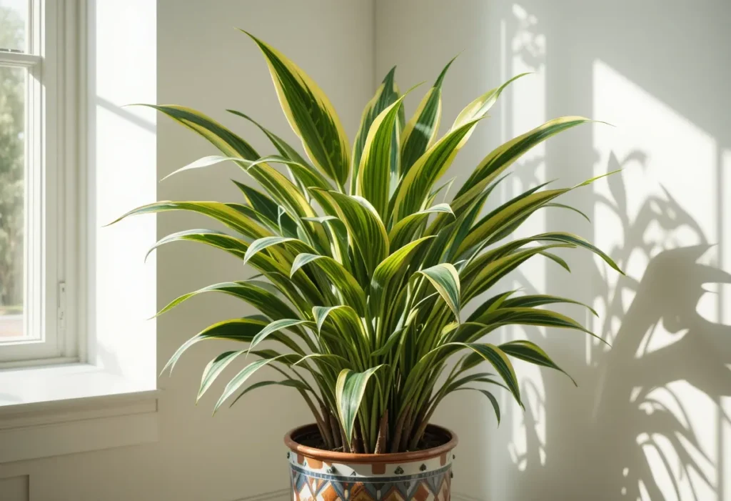 Tall dracaena with striped foliage in a decorative floor planter in a softly lit room.