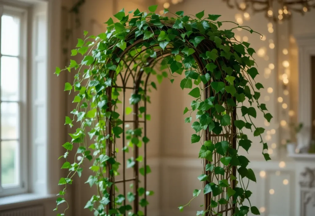 English ivy vine climbing a small indoor trellis with romantic natural lighting.