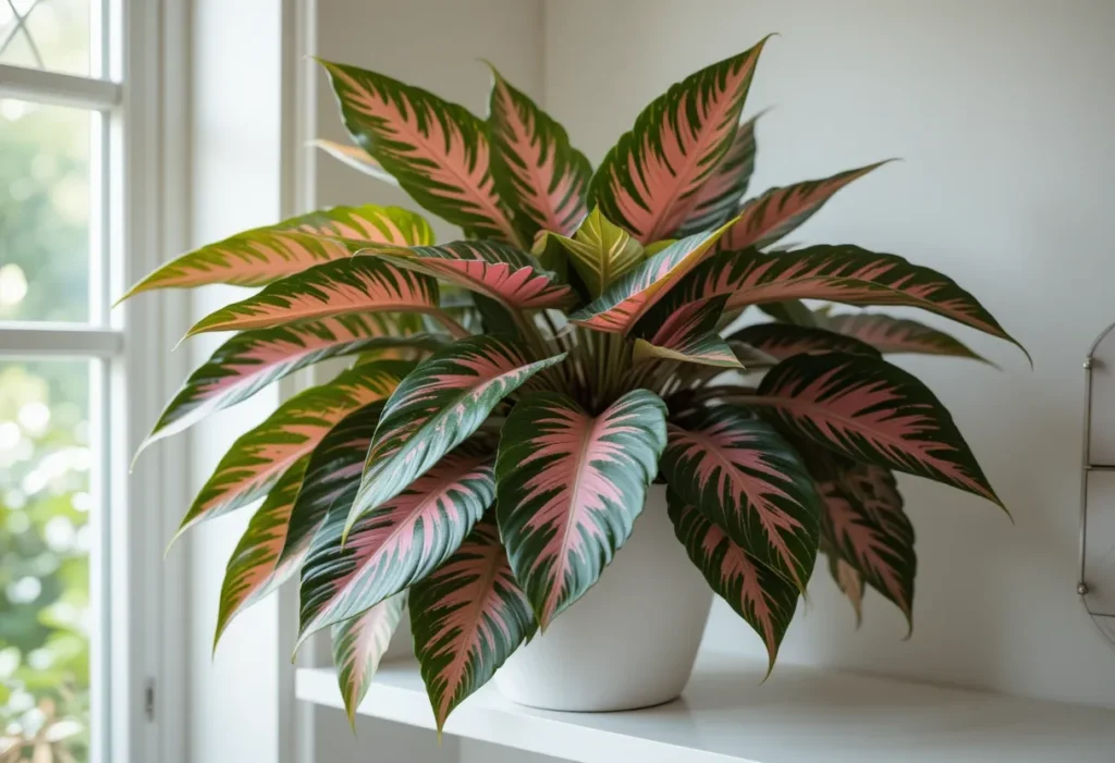  Colorful calathea plant with bold patterned leaves on a shelf near filtered sunlight.