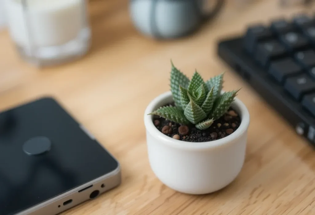 Spiky haworthia succulent in a tiny ceramic pot on a clean modern desk.