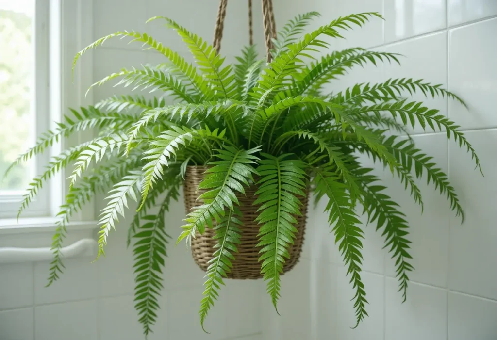 Lush Boston fern with feathery fronds hanging in a humid bathroom with soft light.