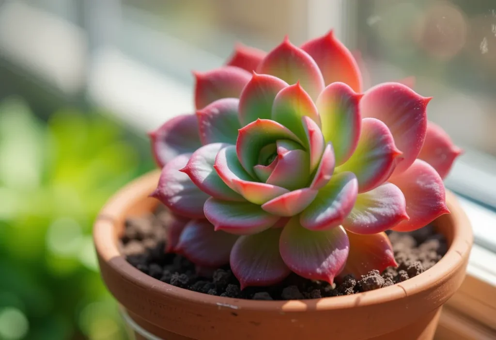 Rosette-shaped echeveria succulent in a clay pot on a sunny windowsill.